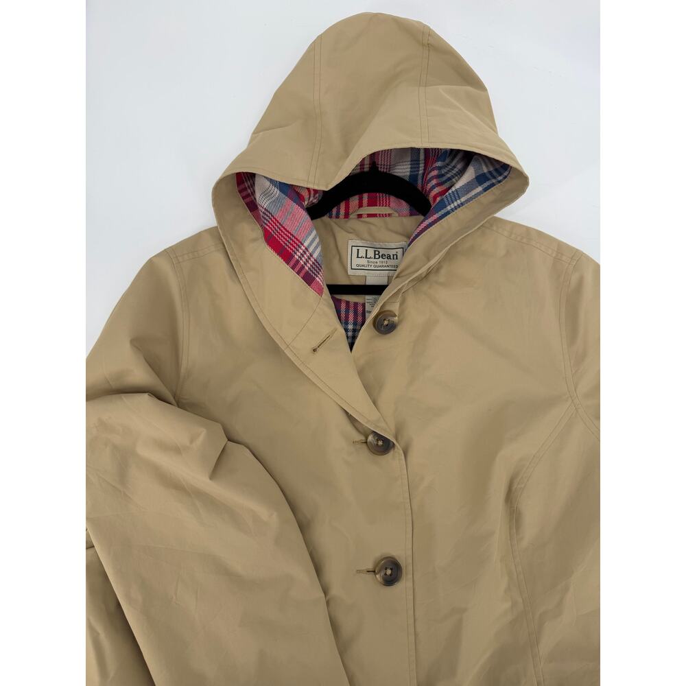 Vintage L.L. BEAN 1X Womens Khaki Mackintosh Jacket Flannel Lined Rain Coat Hood - Picture 14 of 16